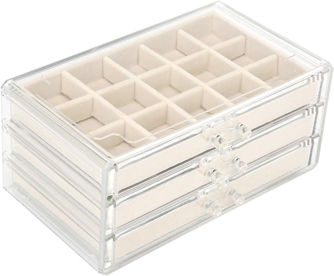 3-tier clear acrylic jewelry box with beige velvet trays and gold-tone handles